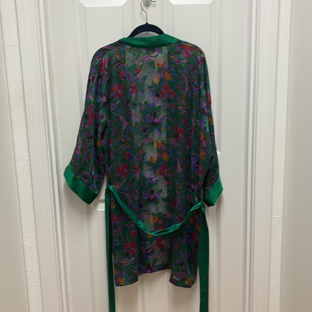 Vintage‎ Victorias Secret Belted Robe Kimono Gold Label Sheer Green Floral - Picture 3 of 9